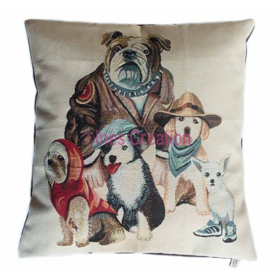 Housse de coussin vintage Chien Ride Forever fait main tissu jacquard