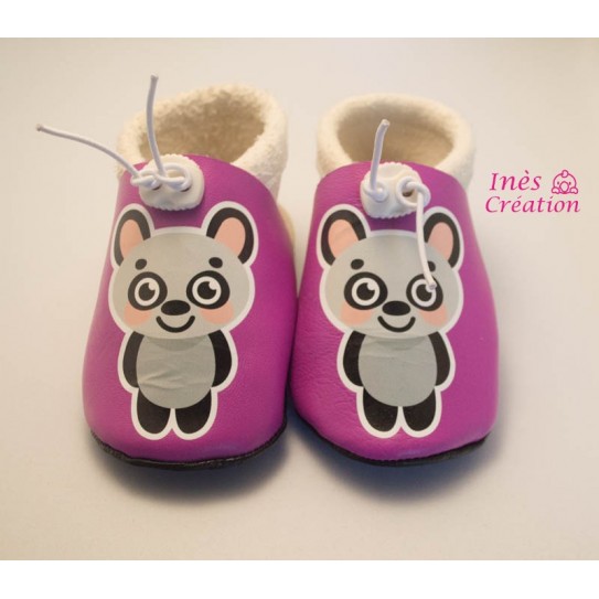 Chaussons bébé en cuir souple Panda Rose