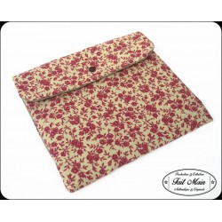 Housse tablette 10" tissu et toile coton fleurs bordeaux