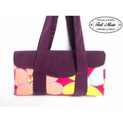 Sac à main velours aubergine et fleurs multicolores