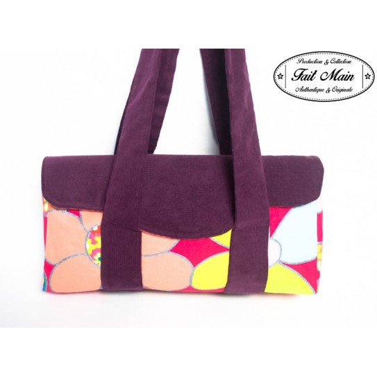 Shopping bag velours aubergine et fleurs multicolores